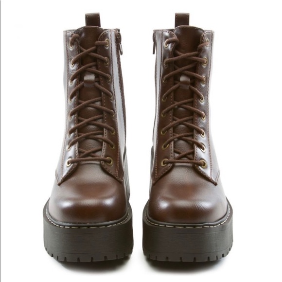 Brown Lace Up Platform Combat Boots - Picture 6 of 9